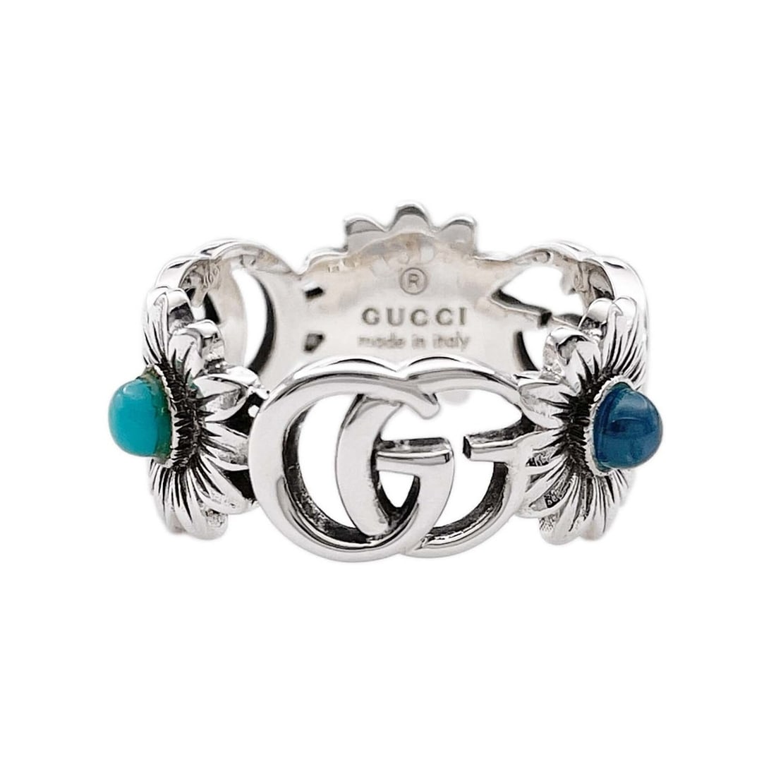 GUCCI Double G Flower Turquoise Mother-of-Pearl Ring, SV925, 13 7782, Silver, Men's/Women's: --- Catalog ---Category: SizeJP Size: 11.5US Size: 6Category: DesignType: Band ringColor: SilverGender: Men,WomenMaterial: Silver 925Category: GeneralBrand: Gucci--- Item List ---Section: ConditionRan