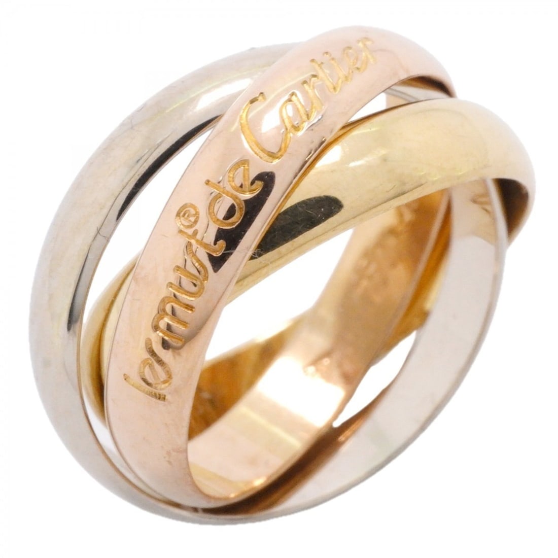 Cartier Trinity Classic Ring, available in 18K Yellow Gold, White and Pink size #49 (Women's).: --- Catalog ---Category: SizeUS Size: 5Brand Size: 49Category: DesignType: Band ringGender: WomenMaterial: Pink gold (18K), White gold (18K), Yellow gold (18K)Category: GeneralBrand: Cartier--- Item L