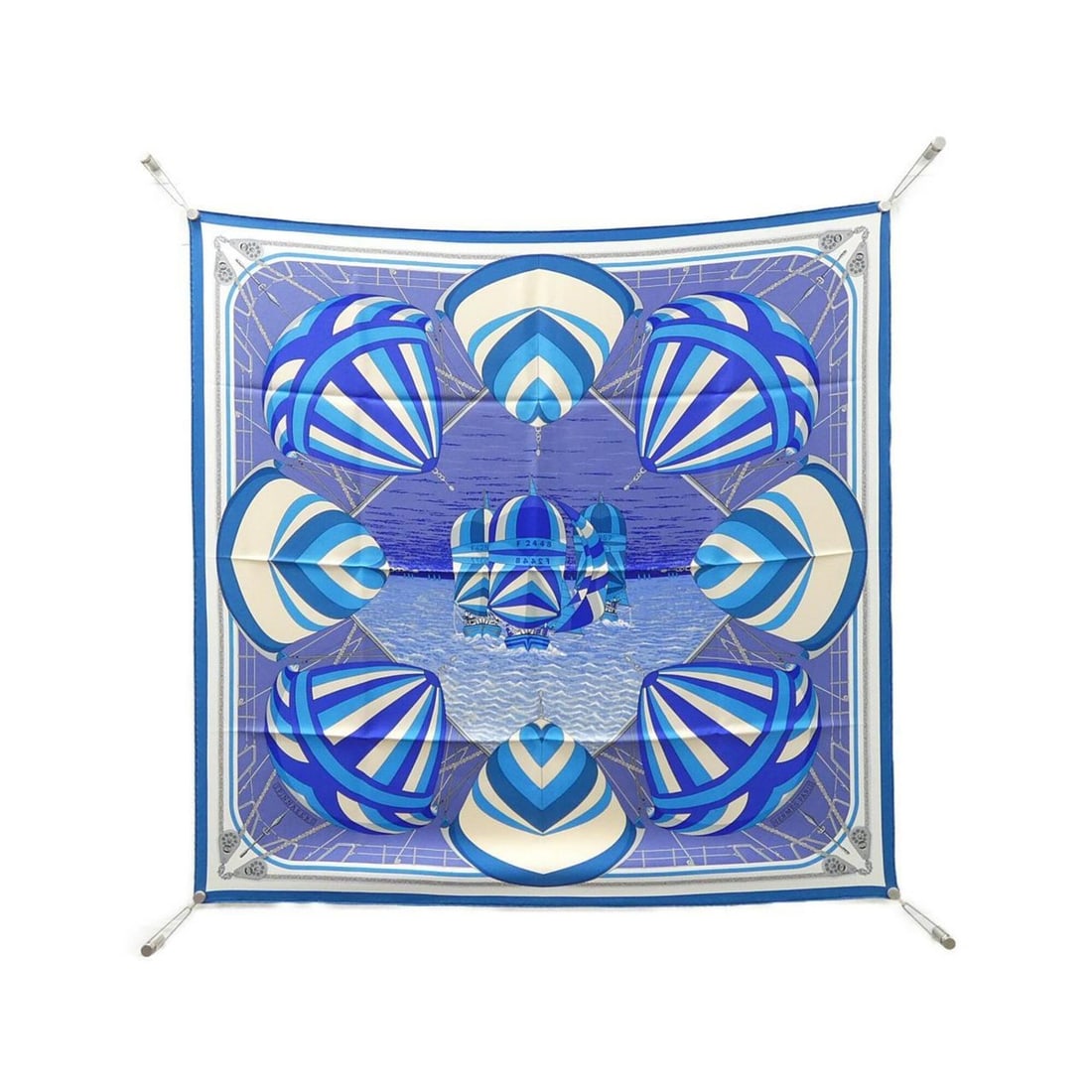 Hermes SPINNAKERS Carre Scarf Muffler: --- Catalog ---Category: SizeSize (LxW): 90cm x 90cm / 35.43'' x 35.43''Category: DesignType: ScarfColor: Blue, Violet, WhiteGender: Women,MenMaterial: Silk Category: GeneralBrand: Hermes--- Item List