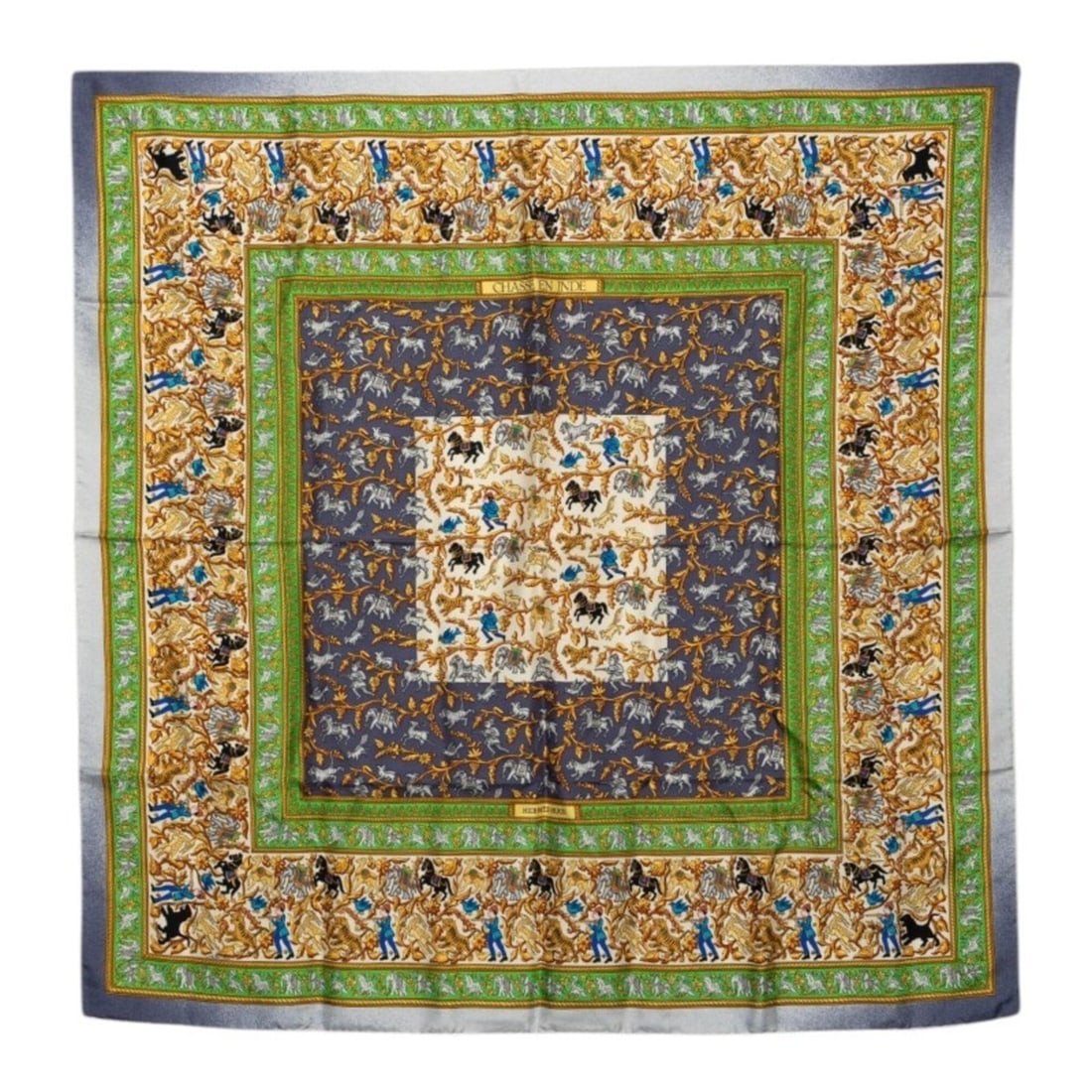 Hermes Carre 90 CHASSE EN INDE (Hunting in India) Scarf/Muffler, Green, Silk, Women's