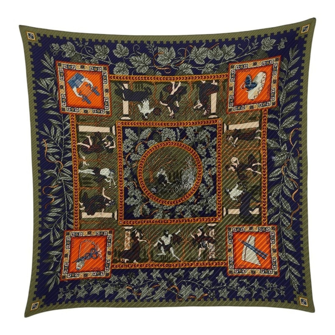 Hermes Carre Musique des Dieux (Music of the Gods) Pleated Scarf/Muffler, Khaki Multicolor Silk,