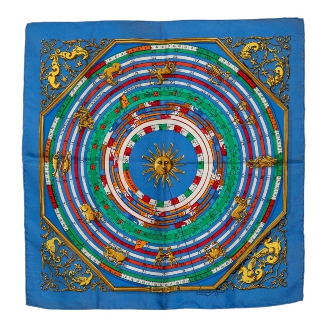 Hermes Carre 45 Petit Gavroche Astrology Dies et Hore Handkerchief Scarf Muffler Blue Silk Women's: --- Catalog ---Category: SizeSize (LxW): 42cm x 41cm / 16.53'' x 16.14''Category: DesignType: HandkerchiefColor: BlueGender: WomenMaterial: Silk Category: GeneralBrand: Hermes--- Item List ---Section: