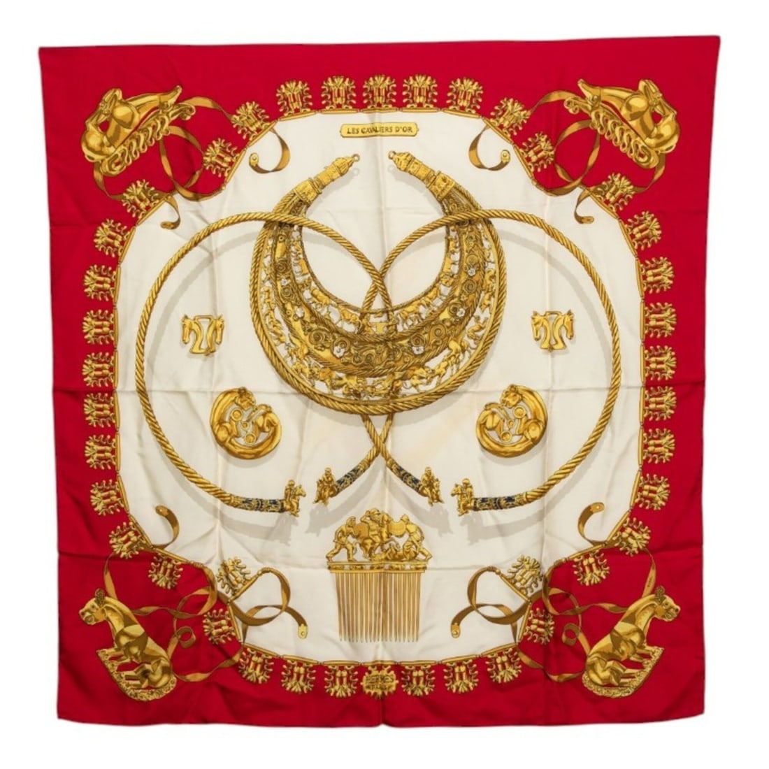 Hermes Carre 90 "Les Cavaliers d'Or" (Golden Knights) Scarf/Muffler, Red and White Silk, Women's.: --- Catalog ---Category: SizeSize (LxW): 89cm x 87cm / 35.03'' x 34.25''Category: DesignType: ScarfColor: Red color, WhiteGender: WomenMaterial: Silk Category: GeneralBrand: Hermes--- Item List ---Sec