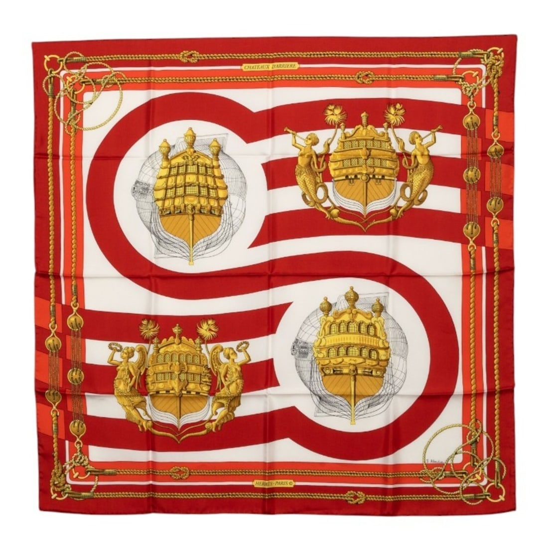 Hermes Carre 90 Chateau de Arriere Scarf/Muffler, Red Silk, Women's