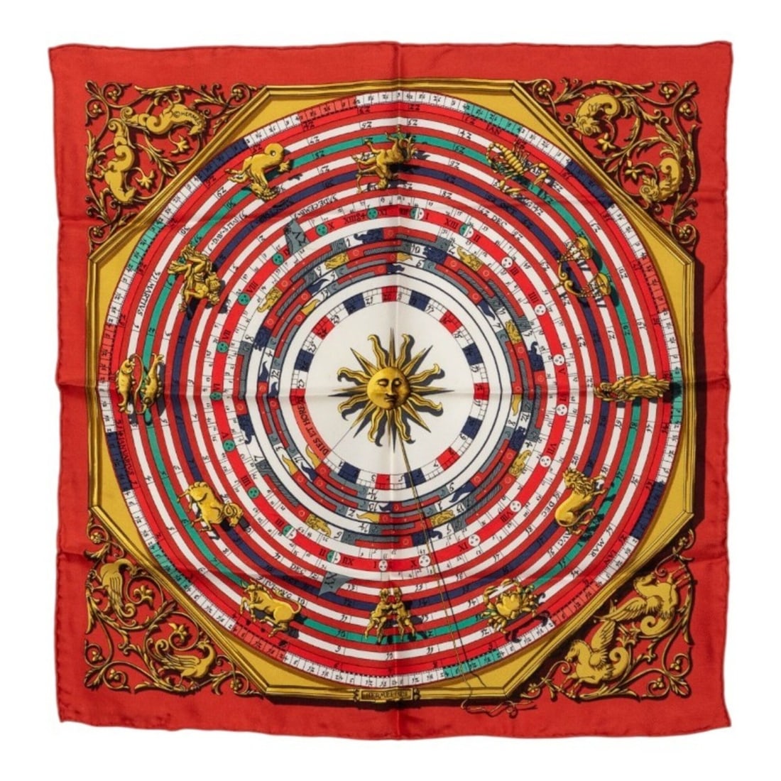 Hermes Carre 45 Petit Gavroche Dies et Hore Astrology Scarf Muffler Handkerchief Red Silk Women's: --- Catalog ---Category: SizeSize (LxW): 41cm x 40.5cm / 16.14'' x 15.94''Category: DesignType: HandkerchiefColor: Red colorGender: WomenMaterial: Silk Category: GeneralBrand: Hermes--- Item List ---S