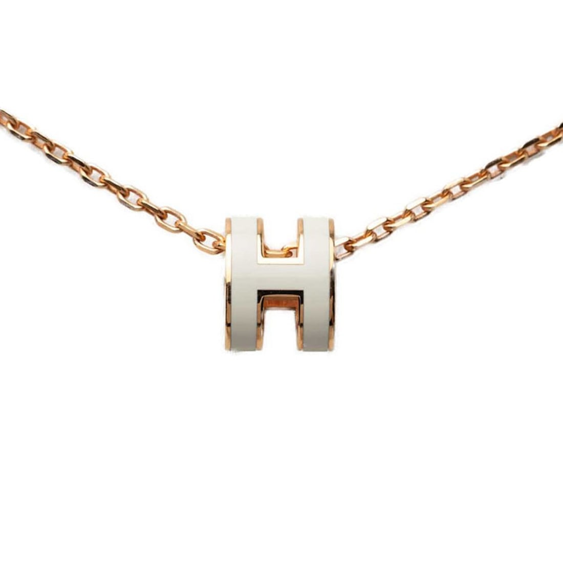 Hermes Mini Pop H Pendant Necklace, Pink Gold with White Plating, Enamel, Women's.