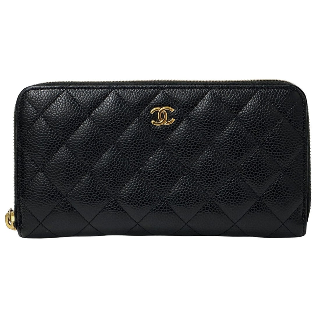 Chanel Matelassé Women's Long Wallet, Caviar Leather, Black, Gold Hardware, Round Zipper: --- Catalog ---Category: SizeSize (HxWxD): 11cm x 20cm x 2cm / 4.33'' x 7.87'' x 0.78''Category: DesignType: Long wallet (bi-fold)Color: BlackGender: WomenMaterial: Grained Calfskin Category: