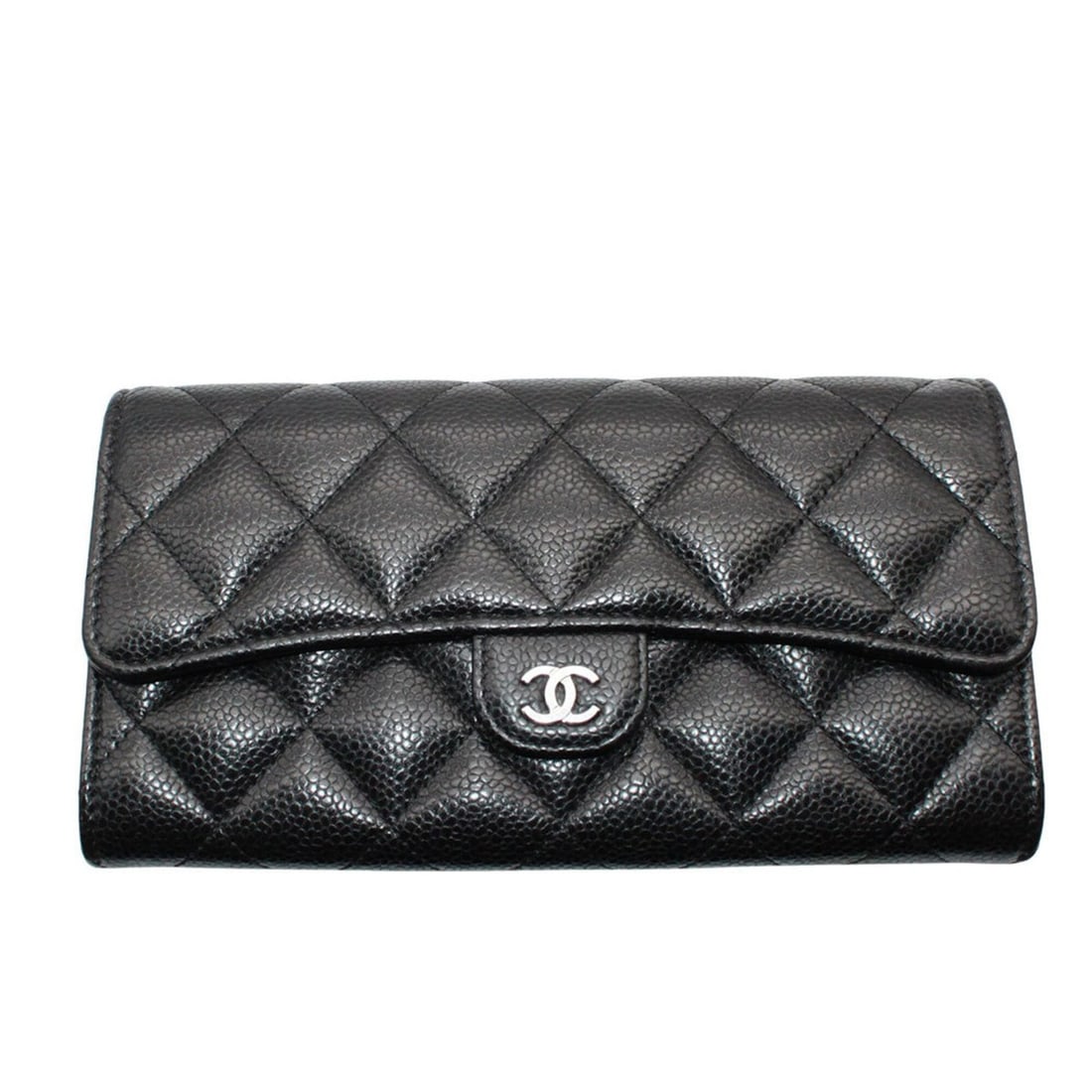 Chanel Matelassé Women's Long Wallet, Caviar Leather, Black with Silver Hardware: --- Catalog ---Category: SizeSize (HxWxD): 11cm x 19.5cm x 3cm / 4.33'' x 7.67'' x 1.18''Category: DesignType: Long wallet (bi-fold)Color: BlackGender: WomenMaterial: Grained Calfskin Category: