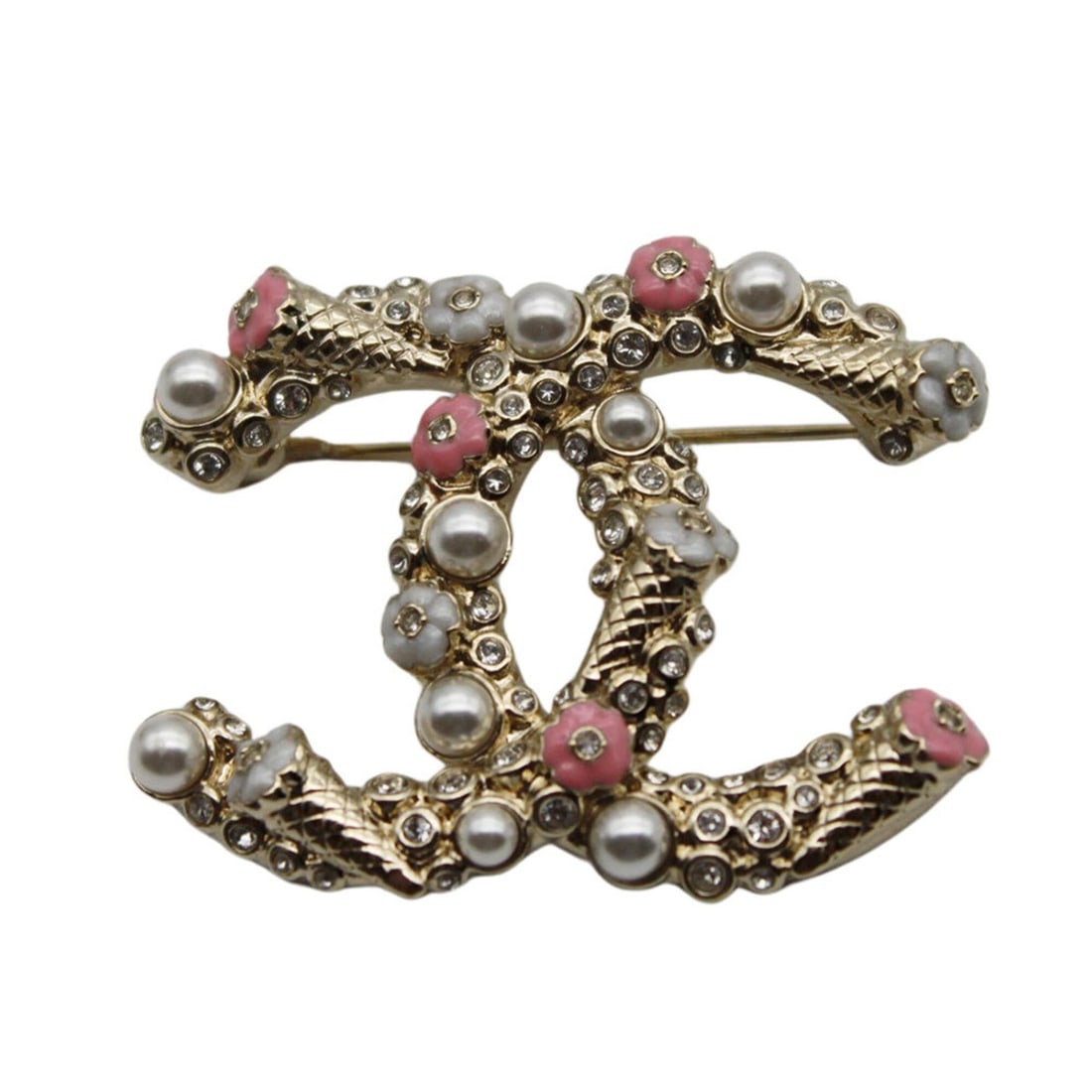 Chanel brooch for women, brand name, metal rhinestone, Coco Mark, gold, pink, pearl, flower.