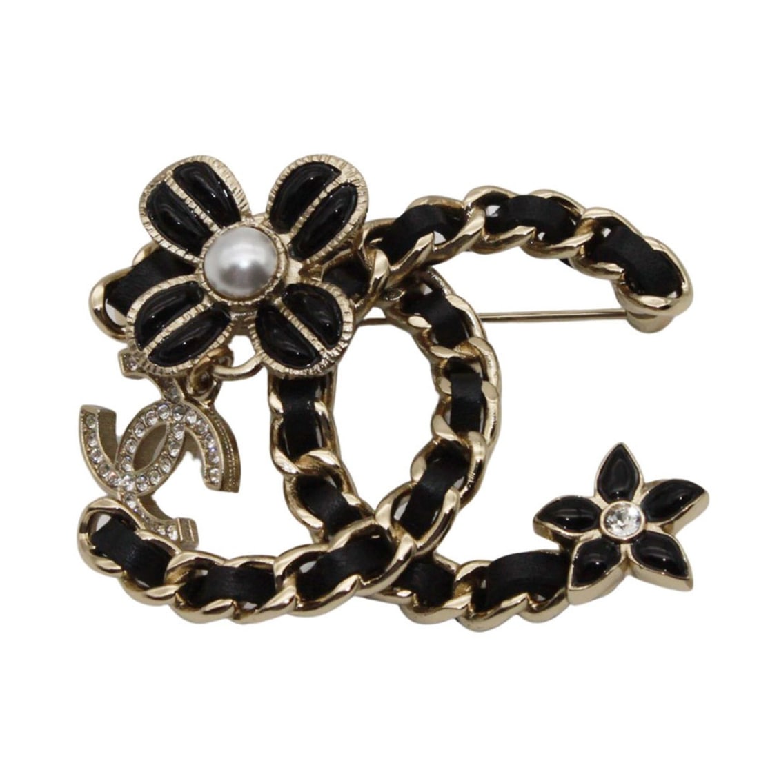 Chanel brooch for women, brand name, metal rhinestone, Coco mark, black, gold, pearl, flower.