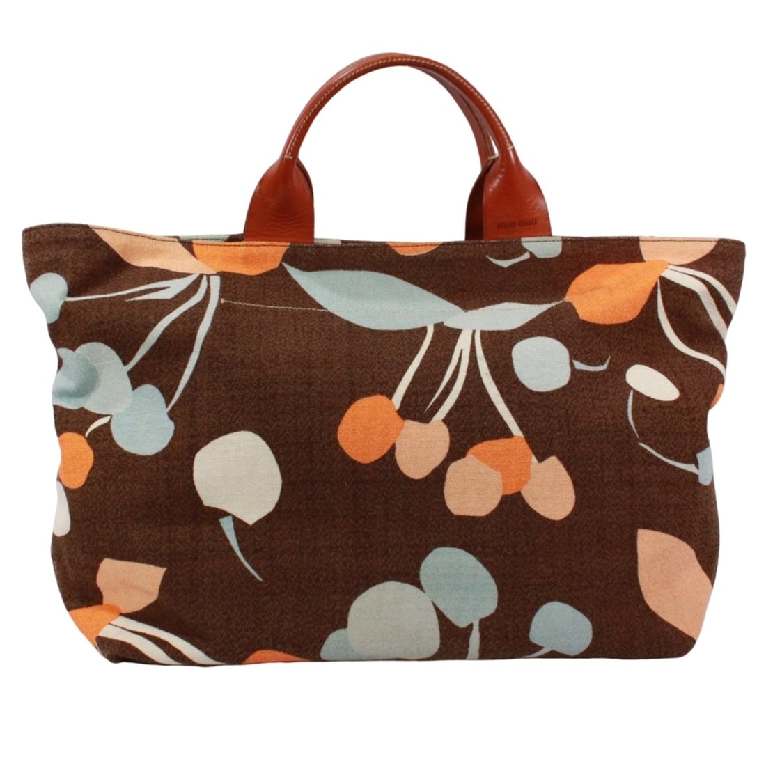 Miu Miu MIUMIU Tote Bag, Fruit Print, Canvas & Leather, Brown, Orange, Light Blue, Women's