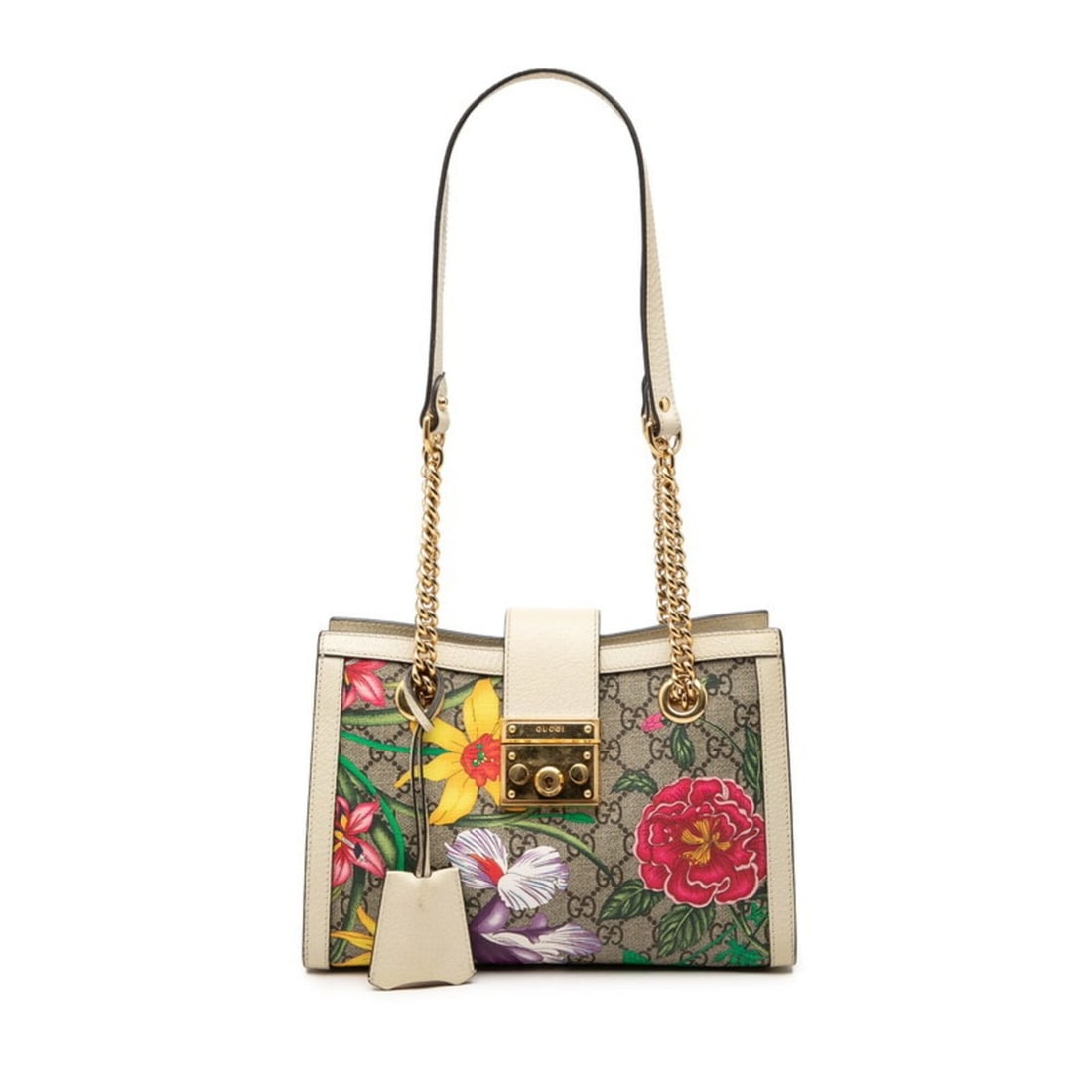 Gucci GG Supreme Flora Padlock Chain Tote Bag Shoulder 498156 Beige Multicolor Leather Women's GUCCI: --- Catalog ---Category: SizeHandle Drop: 30.00cm / 11.81''Size (HxWxD): 18cm x 25.5cm x 9.5cm / 7.08'' x 10.03'' x 3.74''Category: DesignType: Shoulder bag, Tote bagColor: Beige, Multi-colorGender: W
