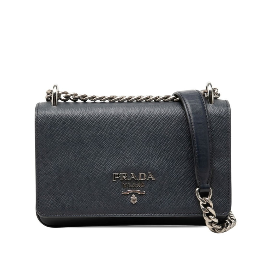 Prada Chain Shoulder Bag, Navy Saffiano Leather, Women's PRADA: --- Catalog ---Category: SizeStrap Drop: 52cm / 20.47''Size (HxWxD): 13cm x 20cm x 5cm / 5.11'' x 7.87'' x 1.96''Category: DesignType: Shoulder bagColor: NavyGender: WomenClosure: MagnetMaterial: Leat