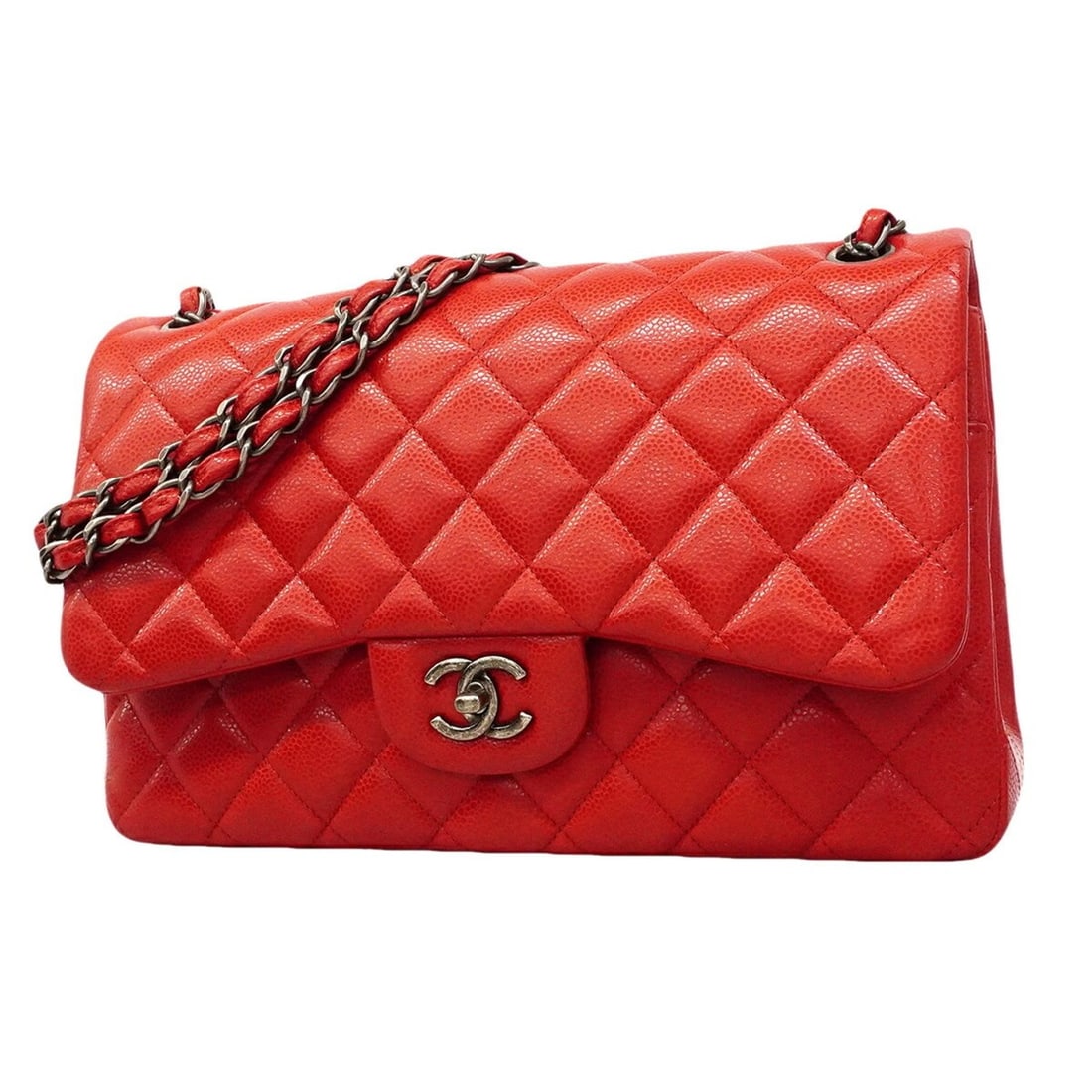 Chanel Shoulder Bag, Large Matelassé, Double Flap, Chain, Caviar Leather, Red, Women's, OP014469 (1 of 16)