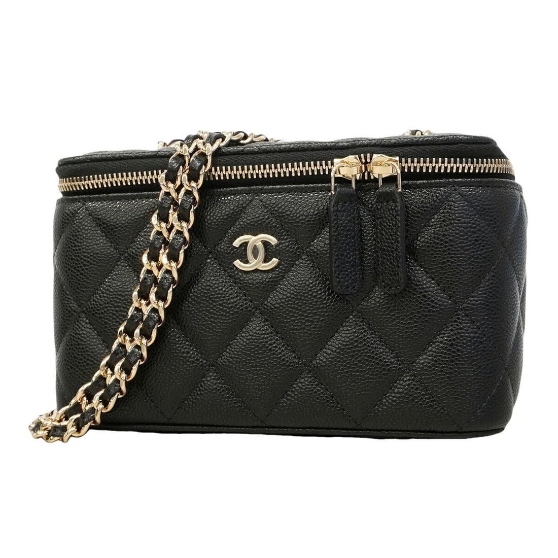 Chanel Matelassé Chain Shoulder Bag/Vanity Bag, Caviar Leather, Black/Champagne, Women's, OP013627
