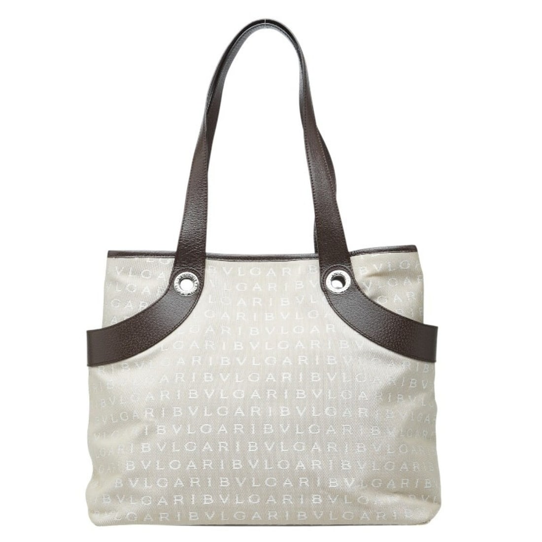BVLGARI Logomania Tote Bag, Shoulder Beige/Brown Canvas Leather, Women's