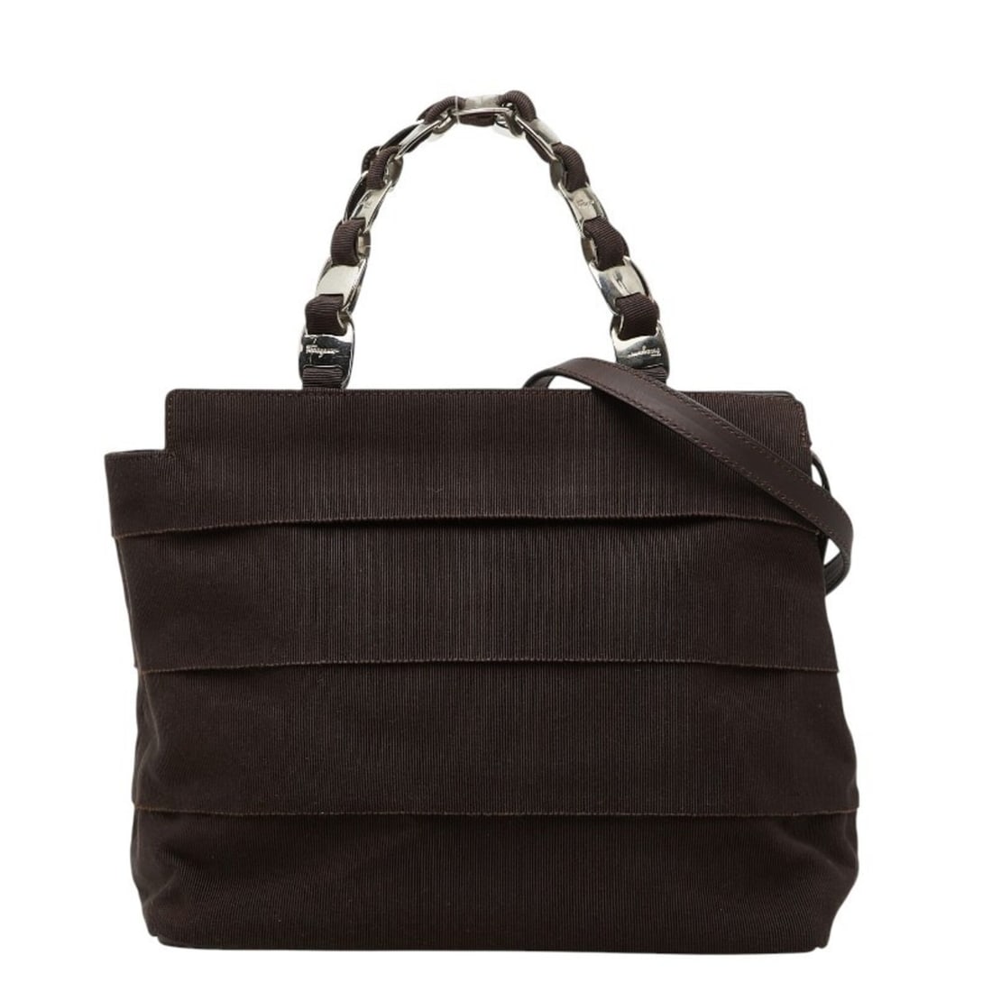 Salvatore Ferragamo Vara Chain Handbag AU-21 6689 Dark Brown Nylon Leather Women's: --- Catalog ---Category: SizeSize (HxWxD): 21.5cm x 25cm x 11cm / 8.46'' x 9.84'' x 4.33''Category: DesignType: HandbagColor: Dark brownGender: WomenMaterial: Nylon , Leather Category: GeneralMPN: AU-
