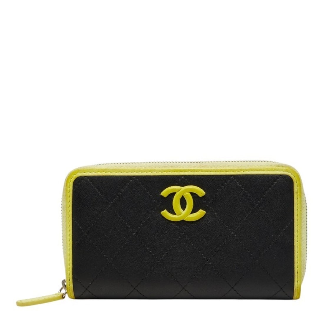 Chanel Coco Mark Matelassé Round Zip Long Wallet Black Yellow Leather Women's CHANEL