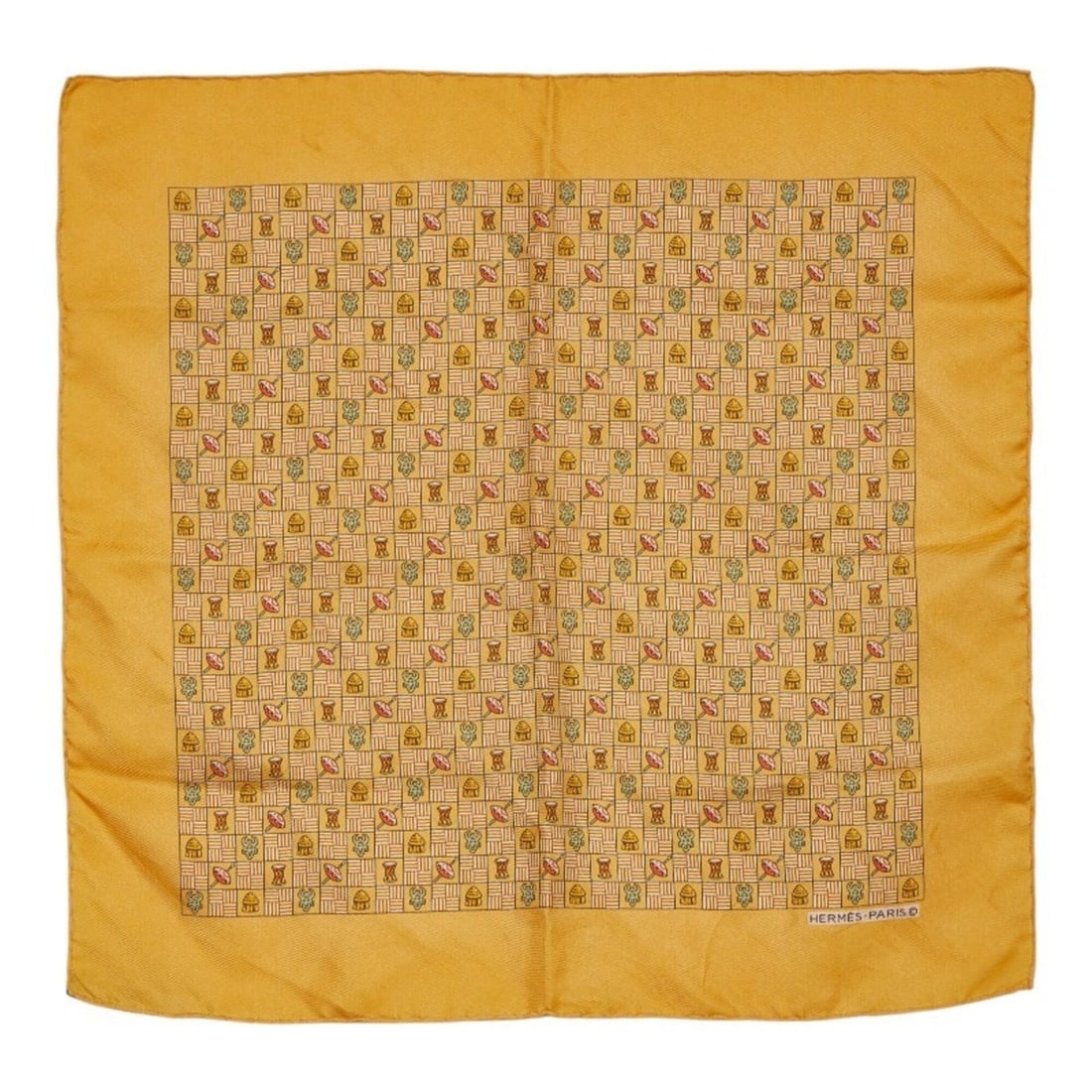 Hermes Carre 45 Handkerchief Scarf Muffler, Yellow/Multicolor Silk, Women's: --- Catalog ---Category: SizeSize (LxW): 42cm x 43cm / 16.53'' x 16.92''Category: DesignType: HandkerchiefColor: Multi-color, YellowGender: WomenMaterial: Silk Category: GeneralBrand: Hermes--- Item L
