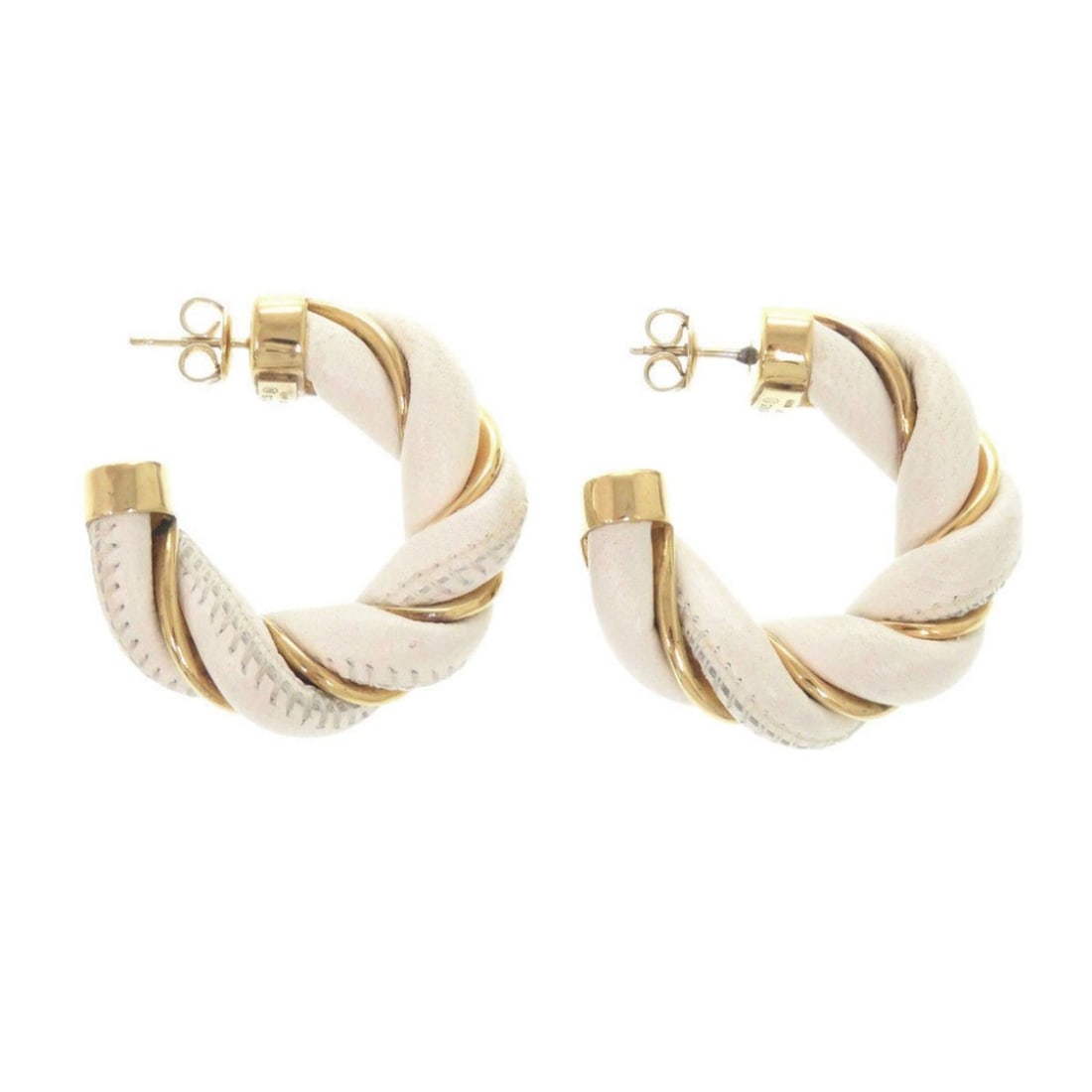 Bottega Veneta Twist Hoop Sterling Silver 925 Leather Gold White Earrings 0562BOTTEGAVENETA