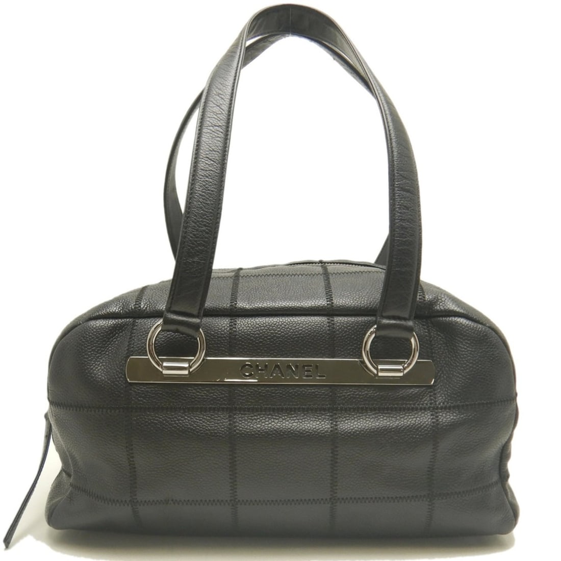 CHANEL Chocolate Bar Mini Boston Bag Handbag, Caviar Leather, Black, Women's, 254098