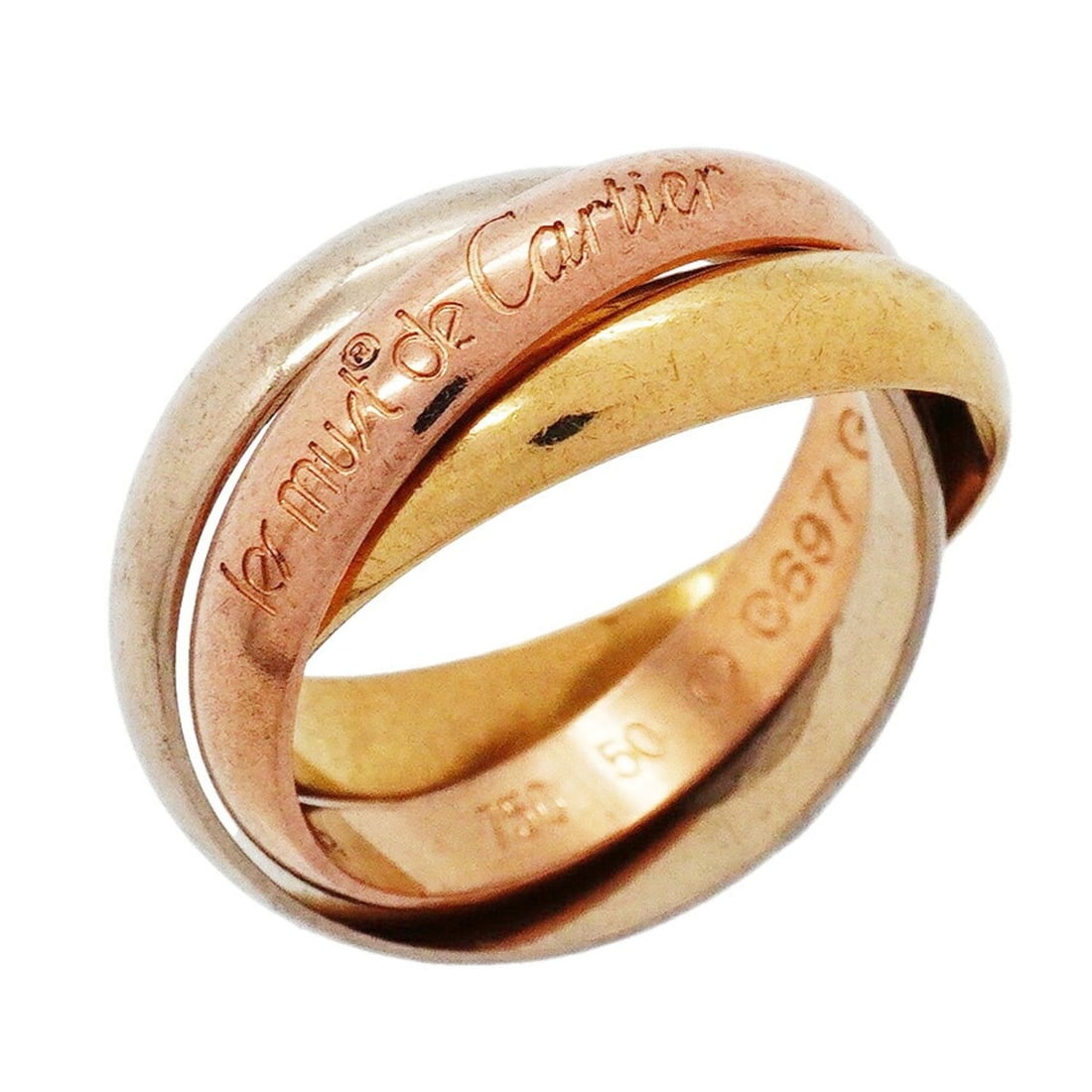 Cartier Trinity Classic Ring, available in 18K Yellow Gold, White and Pink size #50 (Women's).: --- Catalog ---Category: SizeUS Size: 5.5Brand Size: 50Category: DesignType: Band ringGender: WomenMaterial: Pink gold (18K), White gold (18K), Yellow gold (18K)Category: GeneralBrand: Cartier--- Item