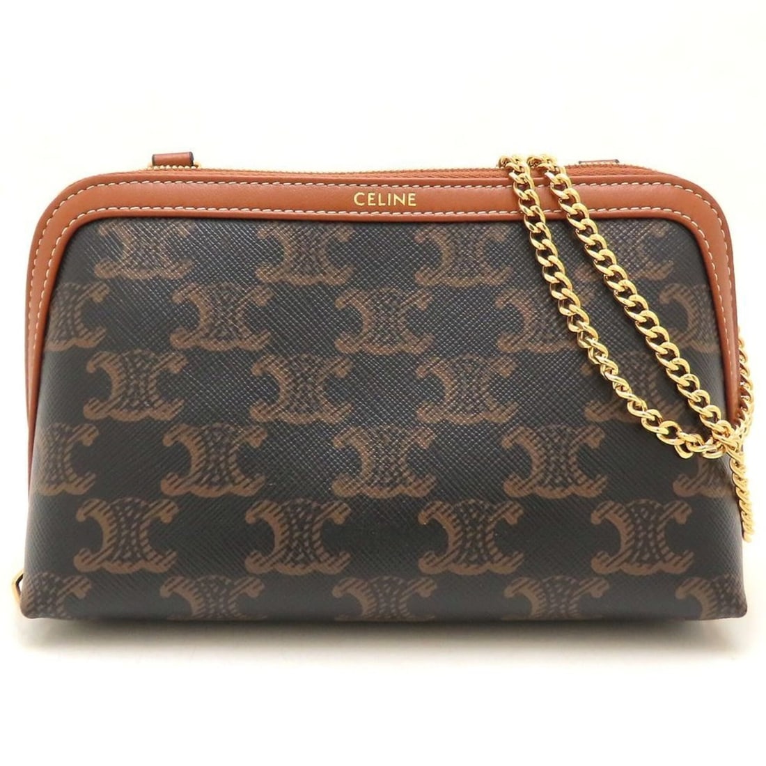 CELINE Triomphe Chain Clutch 10E382CBX.04LU Mini Shoulder Bag Leather Tan Women's 353447