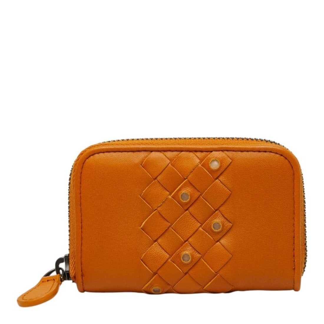 Bottega Veneta Intrecciato Round Zipper Wallet/Coin Purse 114075 VT291 7604 Orange Brown Leather