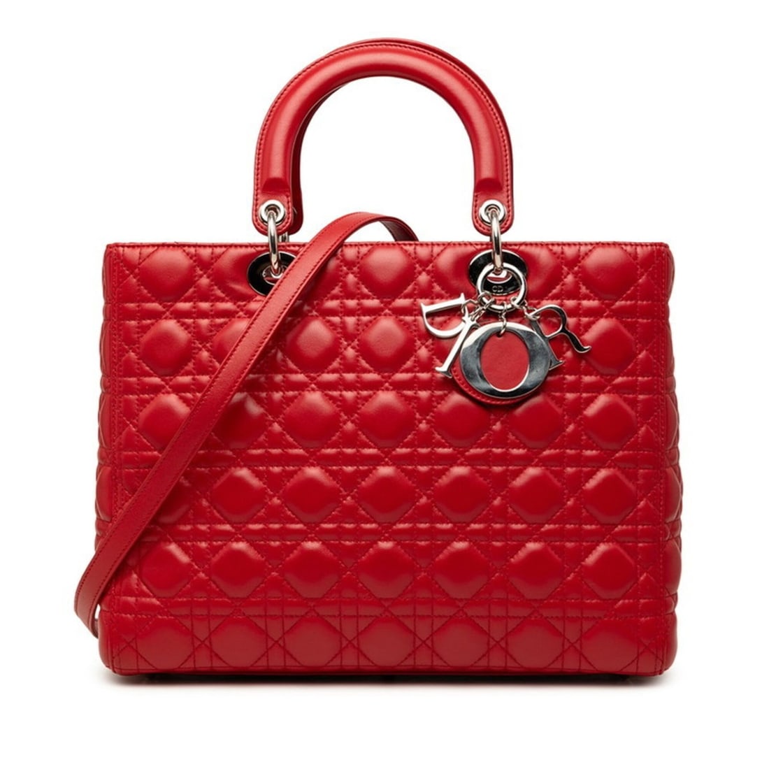 Christian Dior Dior Cannage Lady Large Handbag Shoulder Bag 2-Way Red Lambskin Women's (1 of 10)