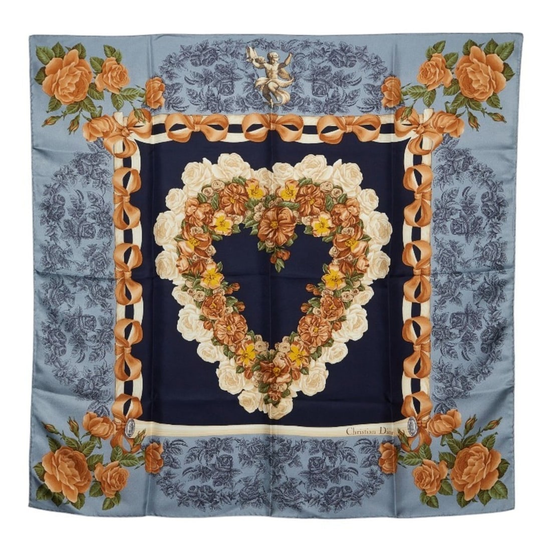 Christian Dior Dior Logo Flower Heart Motif Scarf Muffler Navy Blue Multicolor Silk Women's