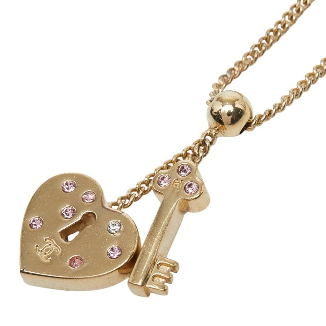 Chanel Coco Mark Heart Key Necklace Gold Pink Plated Rhinestone Women's CHANEL