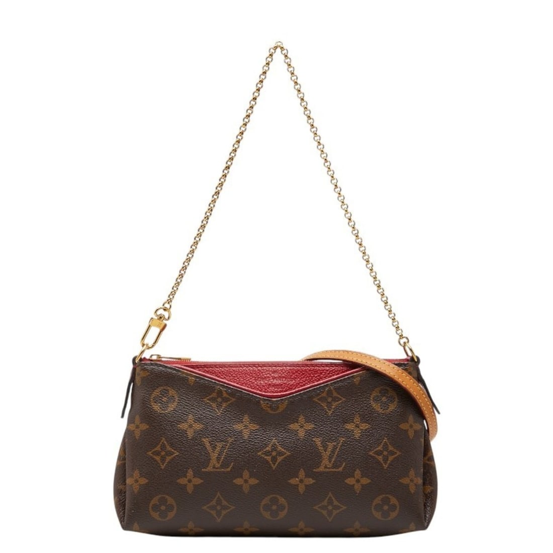 Louis Vuitton Monogram Pallas Clutch Chain Handbag Shoulder Bag 2WAY M41638 Brown Cerise Red Leather: --- Catalog ---Category: SizeSize (HxWxD): 21.5cm x 21.5cm x 4cm / 8.46'' x 8.46'' x 1.57''Category: DesignType: Handbag, Shoulder bagColor: Brown, Cerise, Monogram, Red colorGender: WomenMaterial: Mo