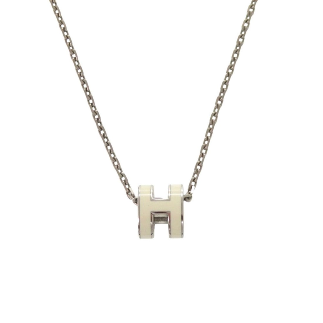 Hermes Pop H Mini White Silver Hardware Necklace Accessory 0295 HERMES: --- Catalog ---Category: SizePendant Size: 9mm x 7mm / 0.35'' x 0.27''Neck Circumference: 39 cm / 15.35''Category: DesignColor: Silver, WhiteGender: WomenMaterial: MetalNecklace Type: NecklaceCategory