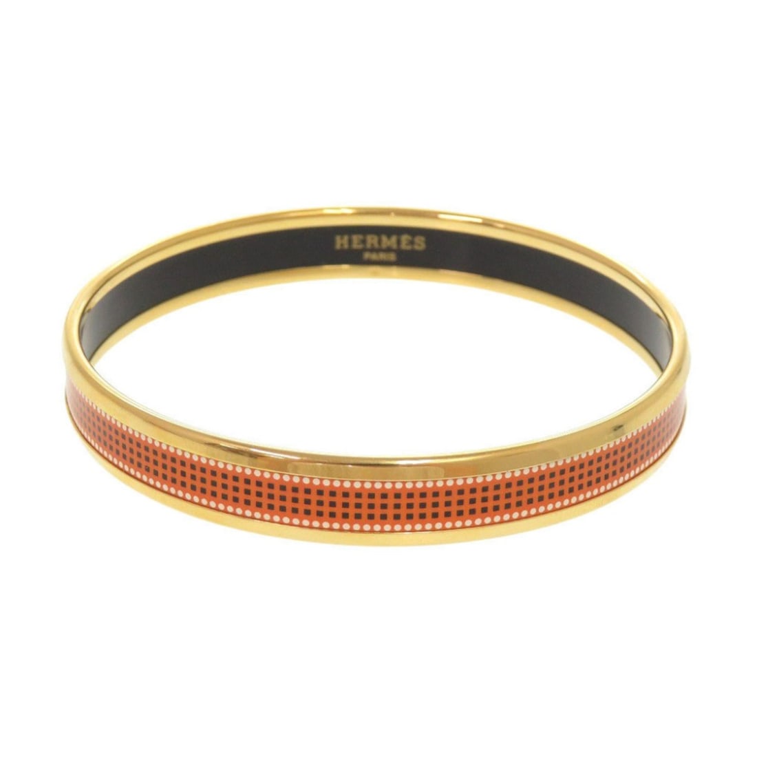 Hermes Email PM Metal Gold Orange Bangle Bracelet 0364HERMES: --- Catalog ---Category: SizeLength: 19cm / 7.48''Category: DesignType: BangleColor: Gold, OrangeGender: WomenMaterial: MetalCategory: GeneralBrand: HermesCountry of Origin: Austria--- Item List ---Se
