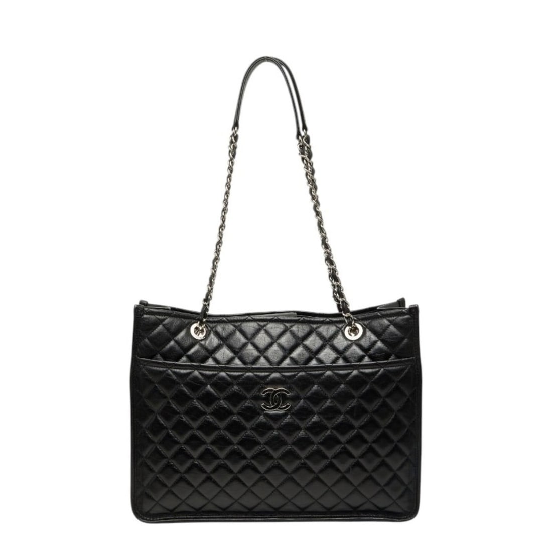 Chanel Matelassé Coco Mark Chain Tote Bag Shoulder Black Silver Hardware Leather Women's CHANEL