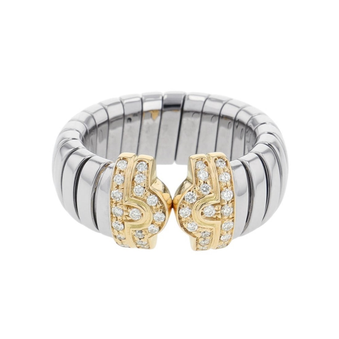 BVLGARI Parentesi Tubogas Diamond Ring, 18K Yellow Gold (KYG), Stainless Steel (SS), Size M.: --- Catalog ---Category: SizeJP Size: 12US Size: 6.5Category: DesignType: Band ringGender: WomenMaterial: Stainless steel, Yellow gold (18K)Category: GeneralLine: TubogasBrand: Bvlgari--- Item List --