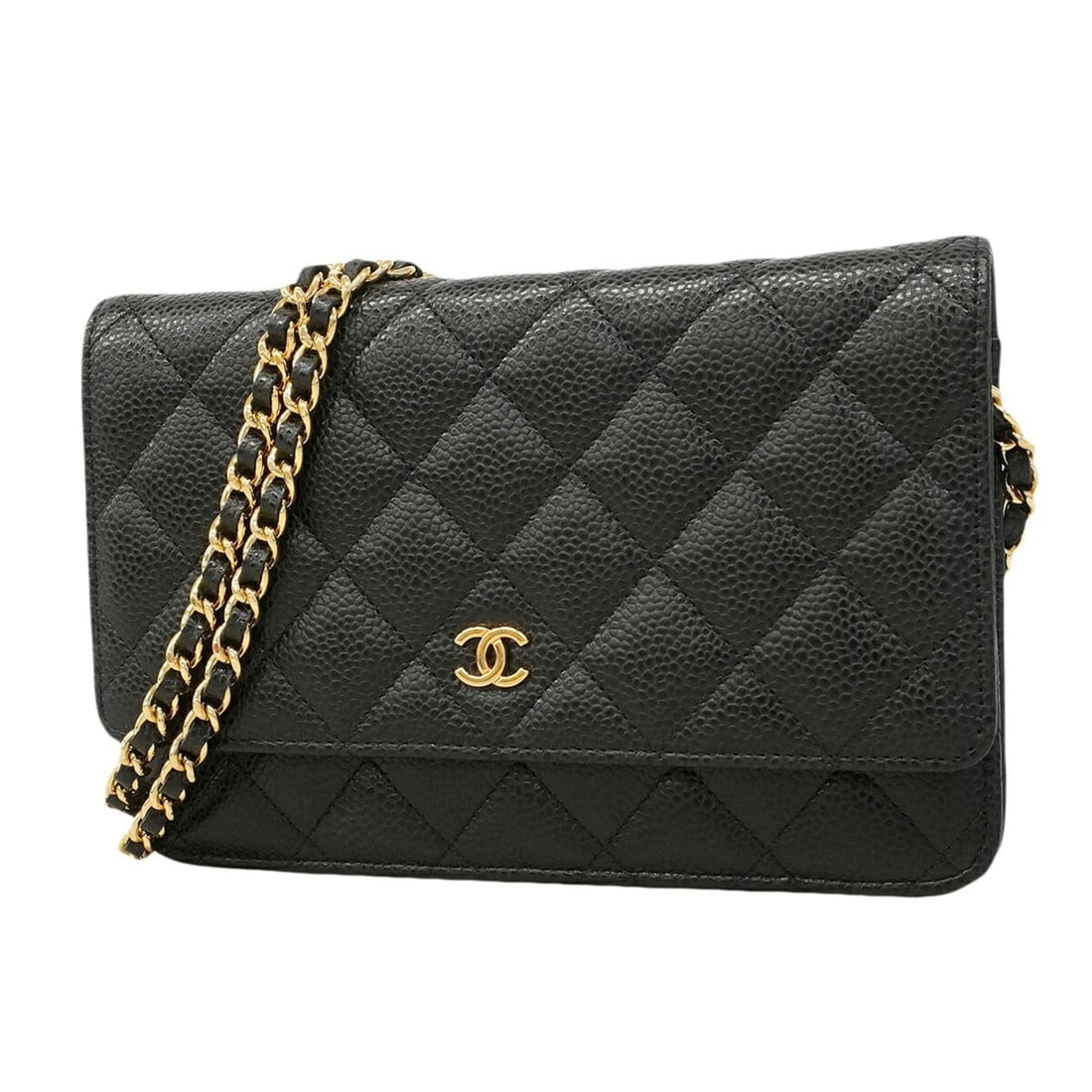 Chanel Matelassé Chain Shoulder Wallet, Caviar Leather, Black, Women's