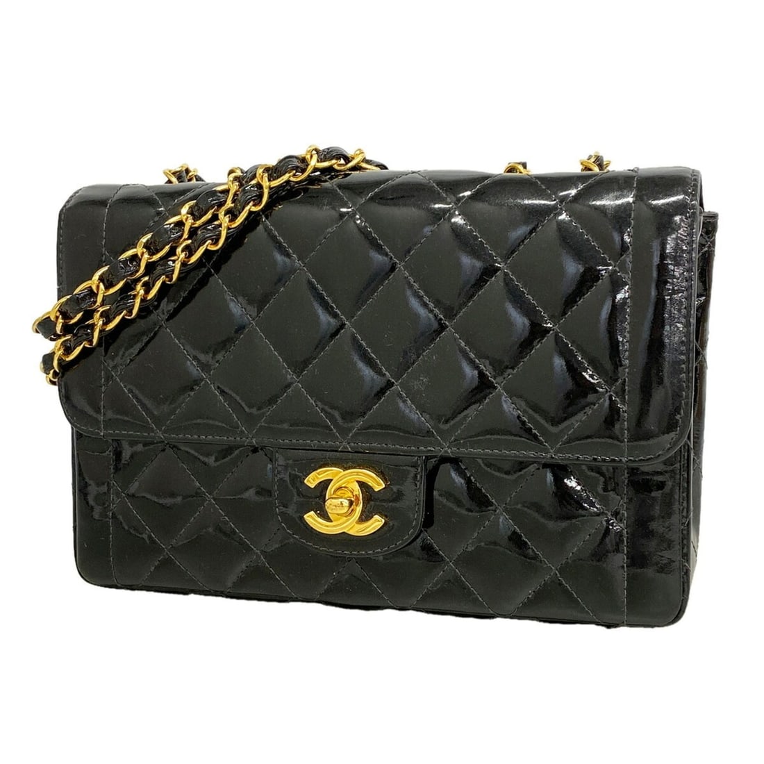 Chanel Matelassé Chain Shoulder Bag, Patent Leather, Black, Women's