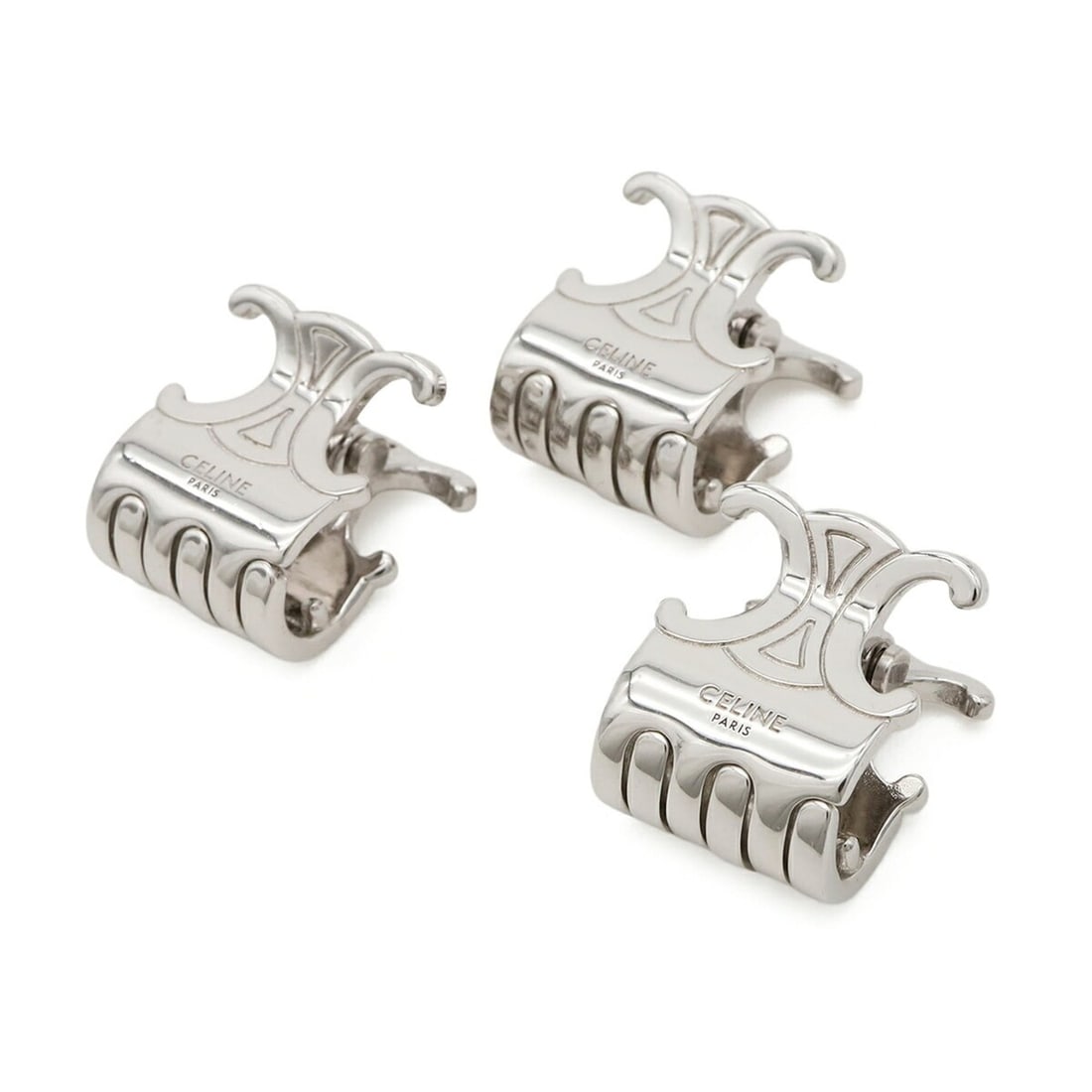 CELINE Triomphe Mini Hair Claw 3-Piece Set: Clips, Accessories, Rhodium Finish, Brass, Steel, Silver: --- Catalog ---Category: PackNumber in Pack: 3Category: SizeSize (LxW): 1.8cm x 1.5cm / 0.7'' x 0.59''Category: DesignType: Hair clipColor: SilverGender: WomenMaterial: Rhodium, Stainless steelCategor