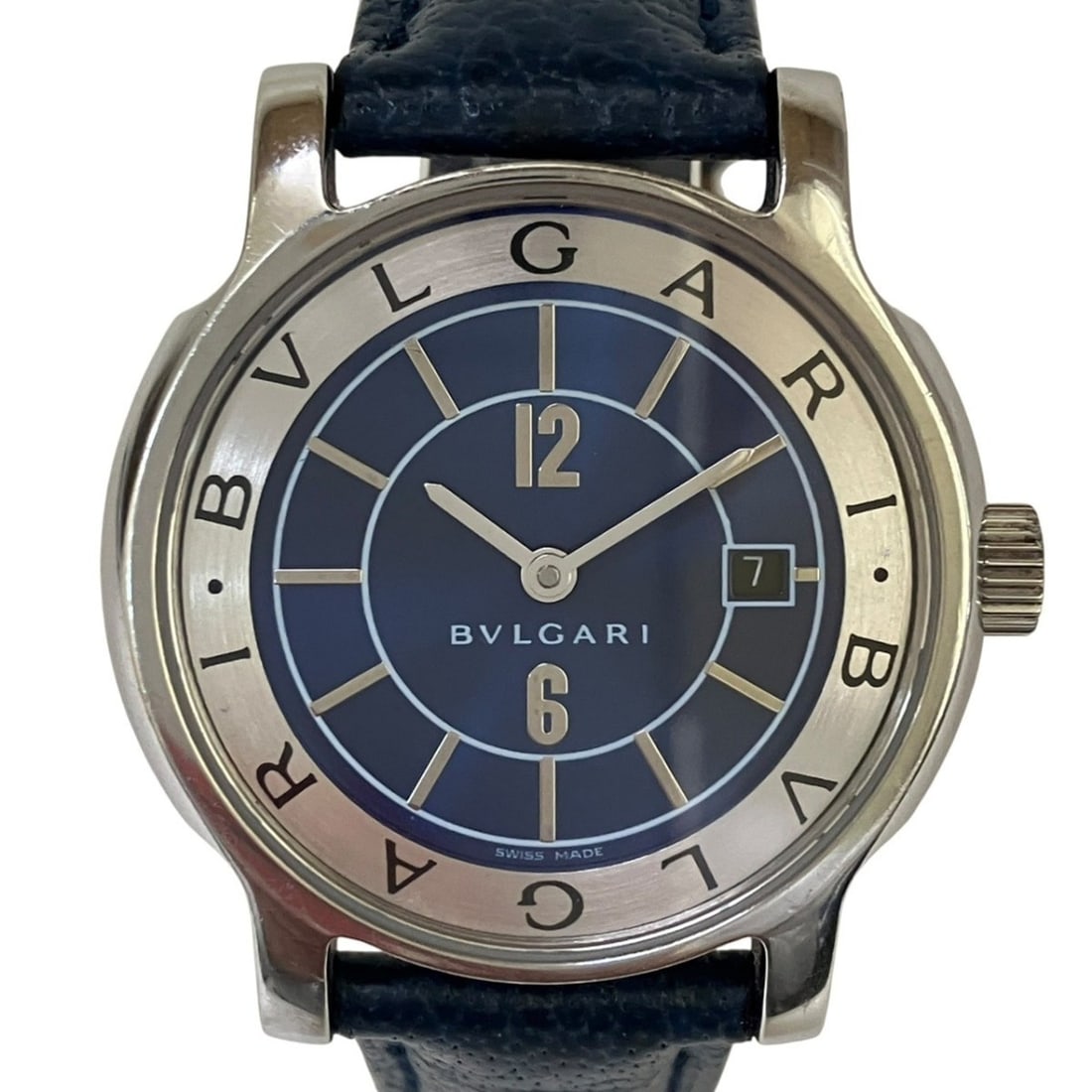 Bulgari BVLGARI Solotempo watch, total weight 24.3g, stainless steel, genuine leather strap, quartz: --- Catalog ---Category: SizeWrist Size: 13.5cm - 16.5cm / 5.31'' - 6.49''Case Diameter: 28mm / 1.1''Category: DesignType: WristwatchGender: WomenColor (Dial): BlueMaterial (Band): LeatherMaterial (Ca