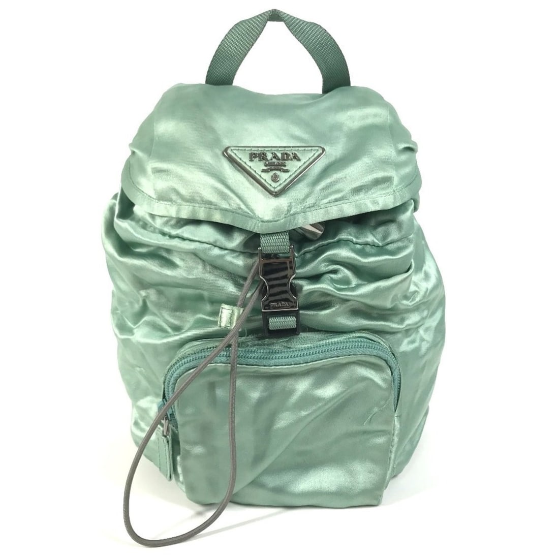 PRADA Triangle Logo Plate Bag Backpack Rucksack Satin Green Men's Women's: --- Catalog ---Category: SizeSize (HxWxD): 29.5cm x 19cm x 12cm / 11.61'' x 7.48'' x 4.72''Category: DesignType: BackpackColor: GreenGender: Men,WomenMaterial: Satin Category: GeneralBrand: PradaCount