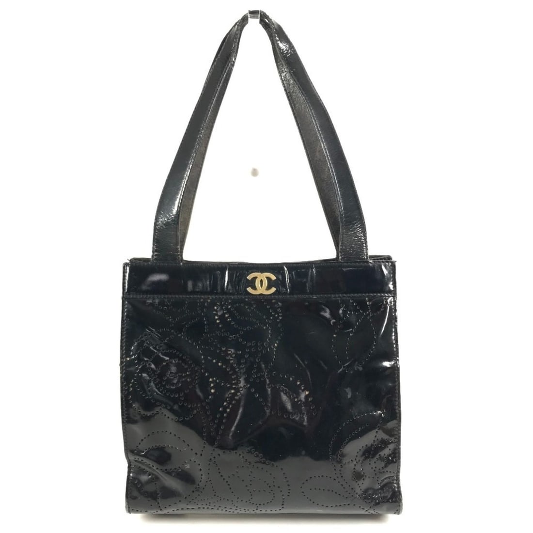 CHANEL Vintage Perforated Logo Camellia Flower Shoulder Bag Tote Handbag Patent Leather Women's