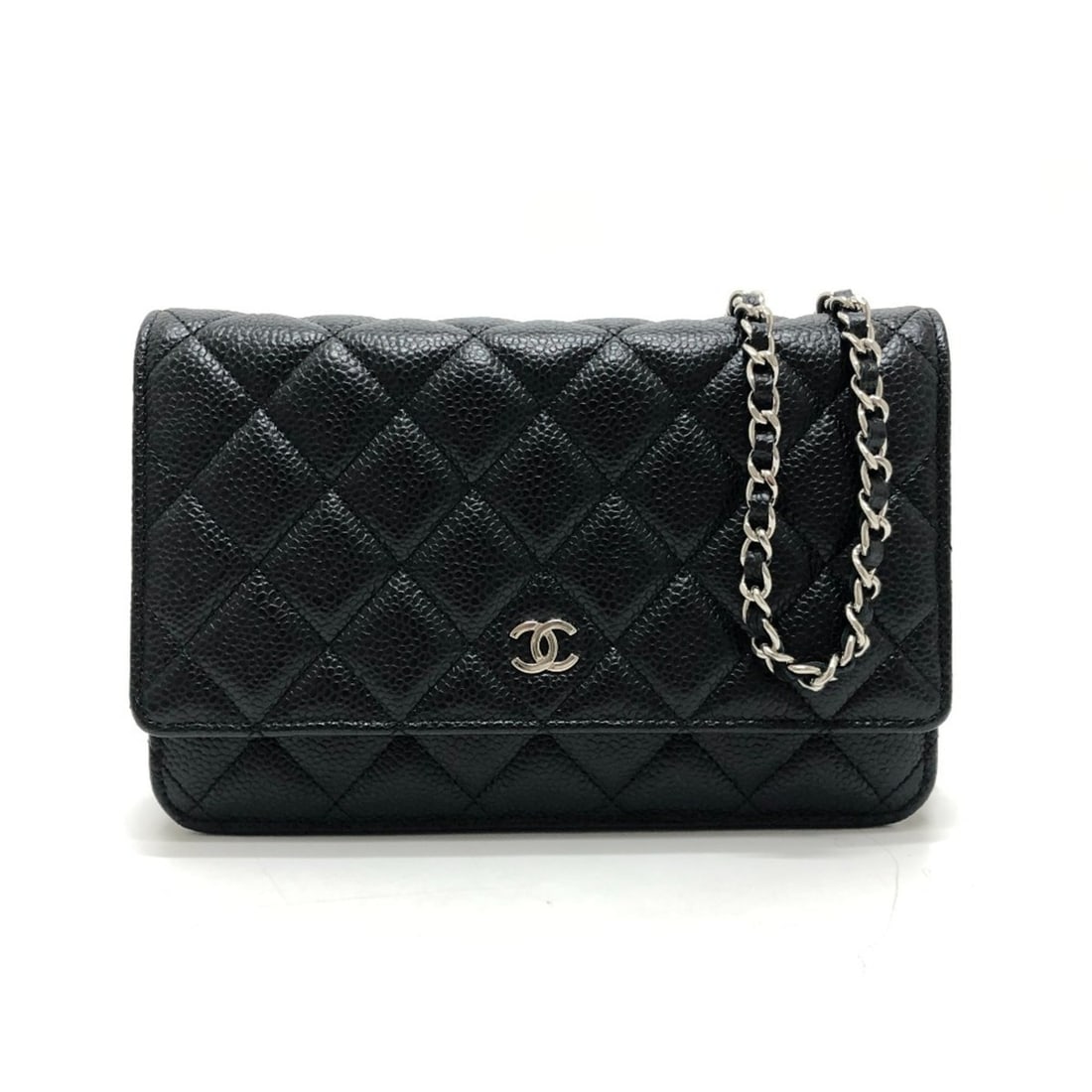 CHANEL AP0250 Matelassé Coco Mark Classic Wallet Chain Silver Hardware Shoulder Bag Caviar Leather