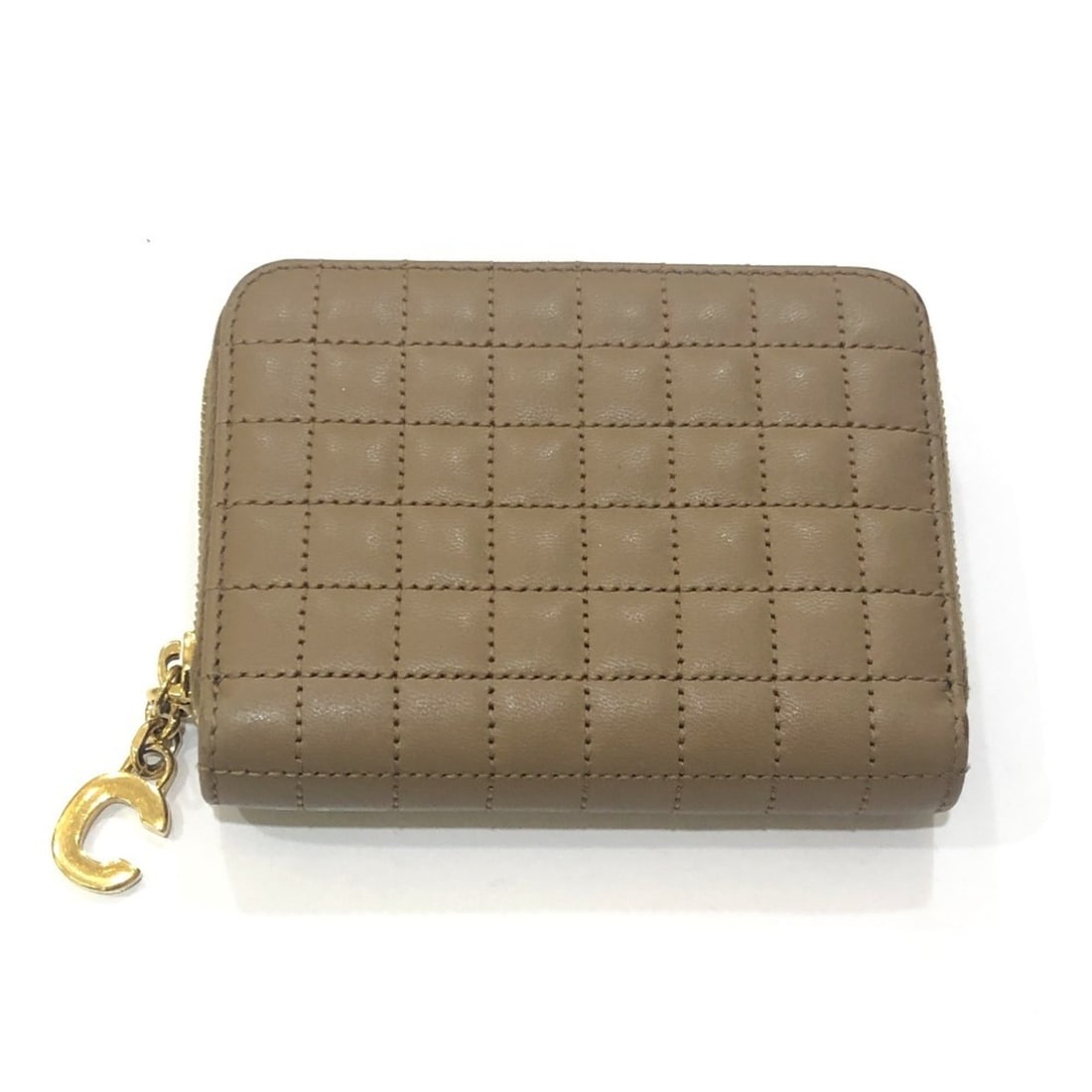 CELINE 663BFL.15KH Quilted C-Charm Compact Zip Wallet, Leather, Women's, Khaki Brown