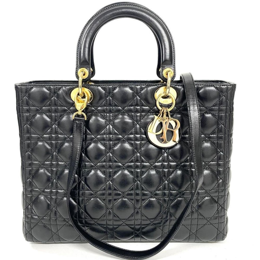 Christian Dior Dior Lady Cannage Large Handbag, 2-Way, Lambskin, Black: --- Catalog ---Category: SizeSize (HxWxD): 25cm x 32cm x 11cm / 9.84'' x 12.59'' x 4.33''Category: DesignType: HandbagColor: BlackGender: WomenMaterial: Leather Leather/Fur Type: LambskinCategory: Gen