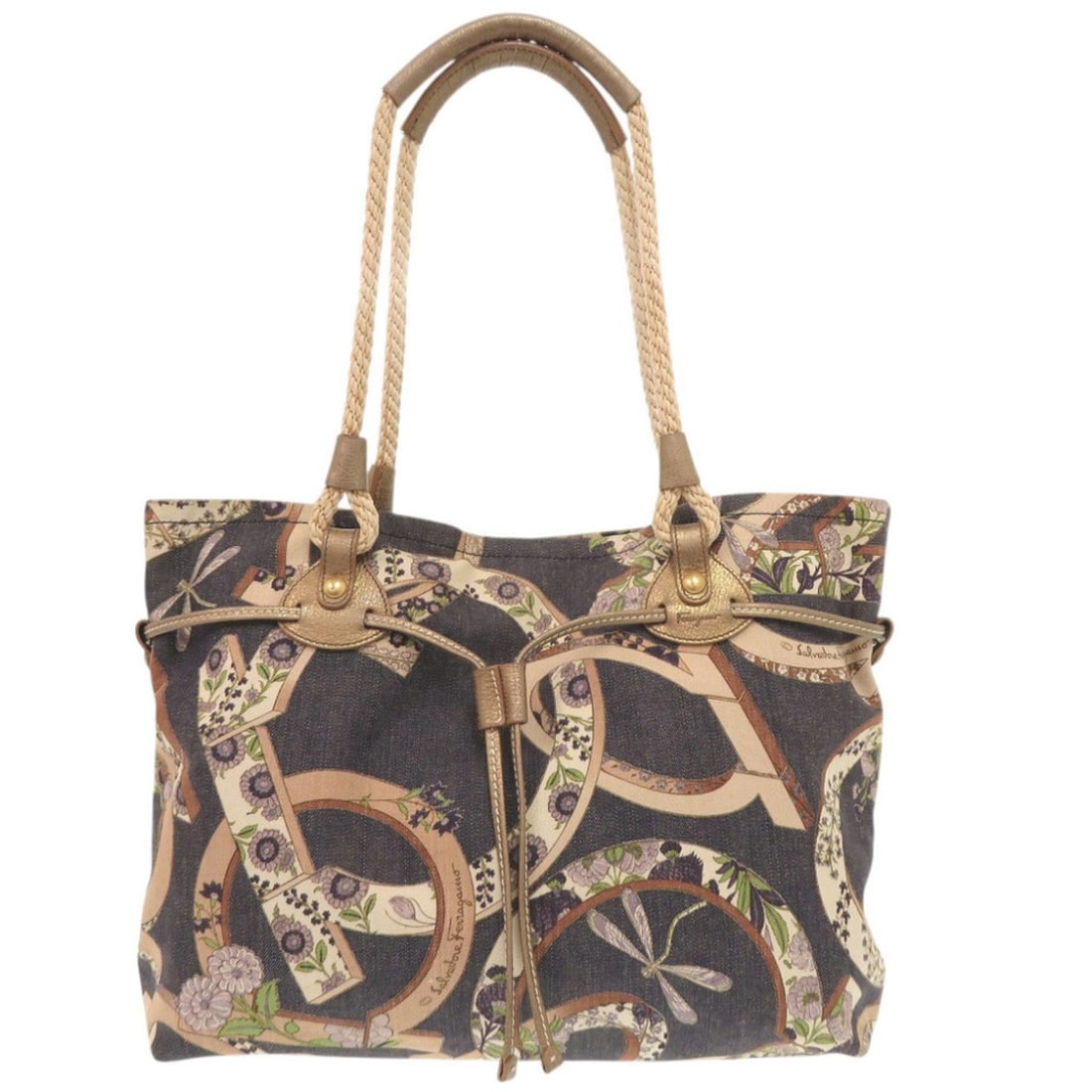Salvatore Ferragamo Gancini Floral Dragonfly Canvas Multicolor Tote Bag 0383: --- Catalog ---Category: SizeSize (HxWxD): 26cm x 37cm / 10.23'' x 14.56''Category: DesignType: Tote bagColor: Multi-colorGender: WomenMaterial: Canvas Category: GeneralBrand: Salvatore FerragamoCount