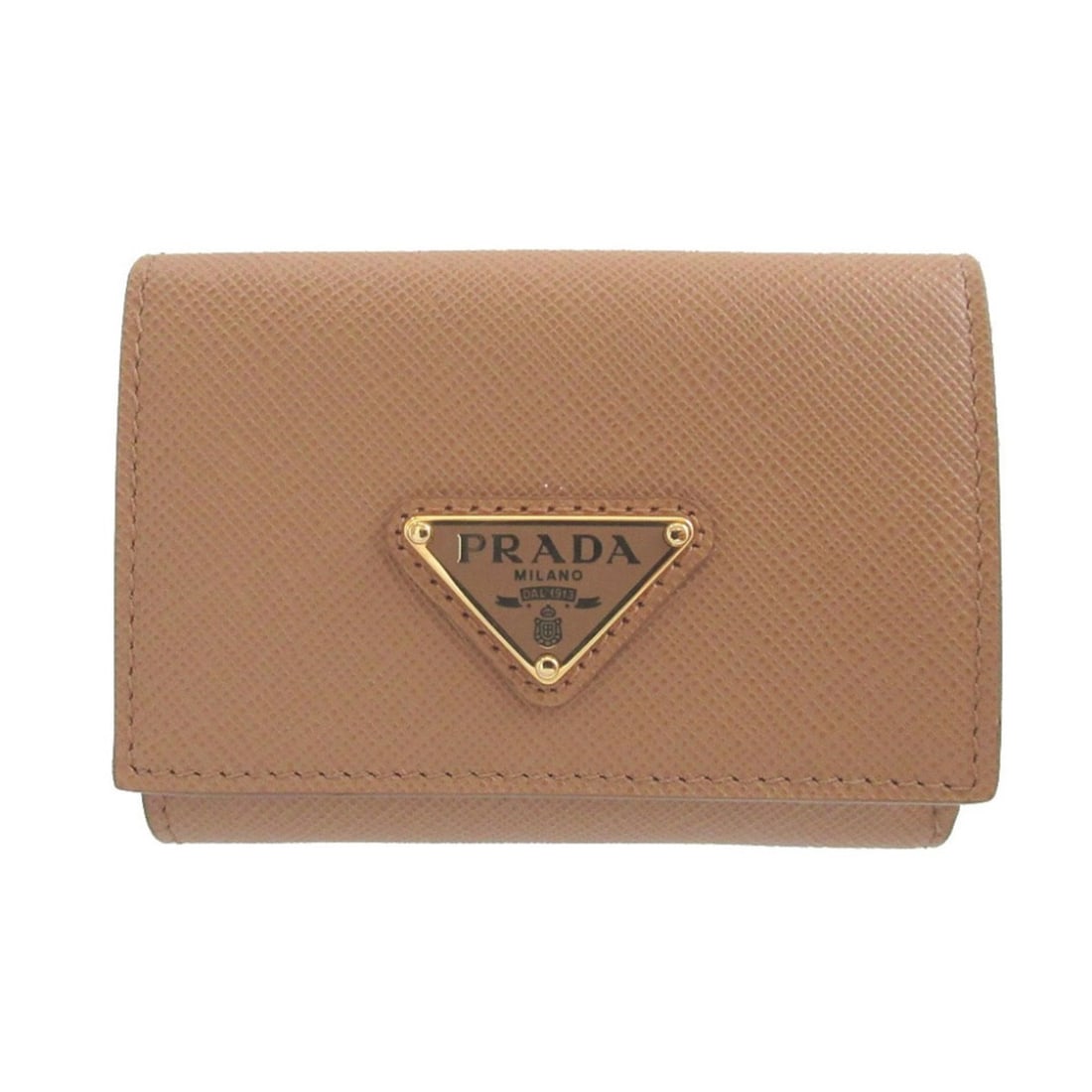Prada 1MH042 Triangle Plate Saffiano Leather Beige Compact Wallet Tri-fold 0276PRADA