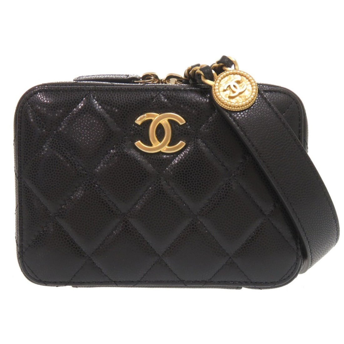 Chanel Coco Mark Matelassé Mini Camera Bag, Caviar Leather, Black, Gold Hardware, Chain Shoulder