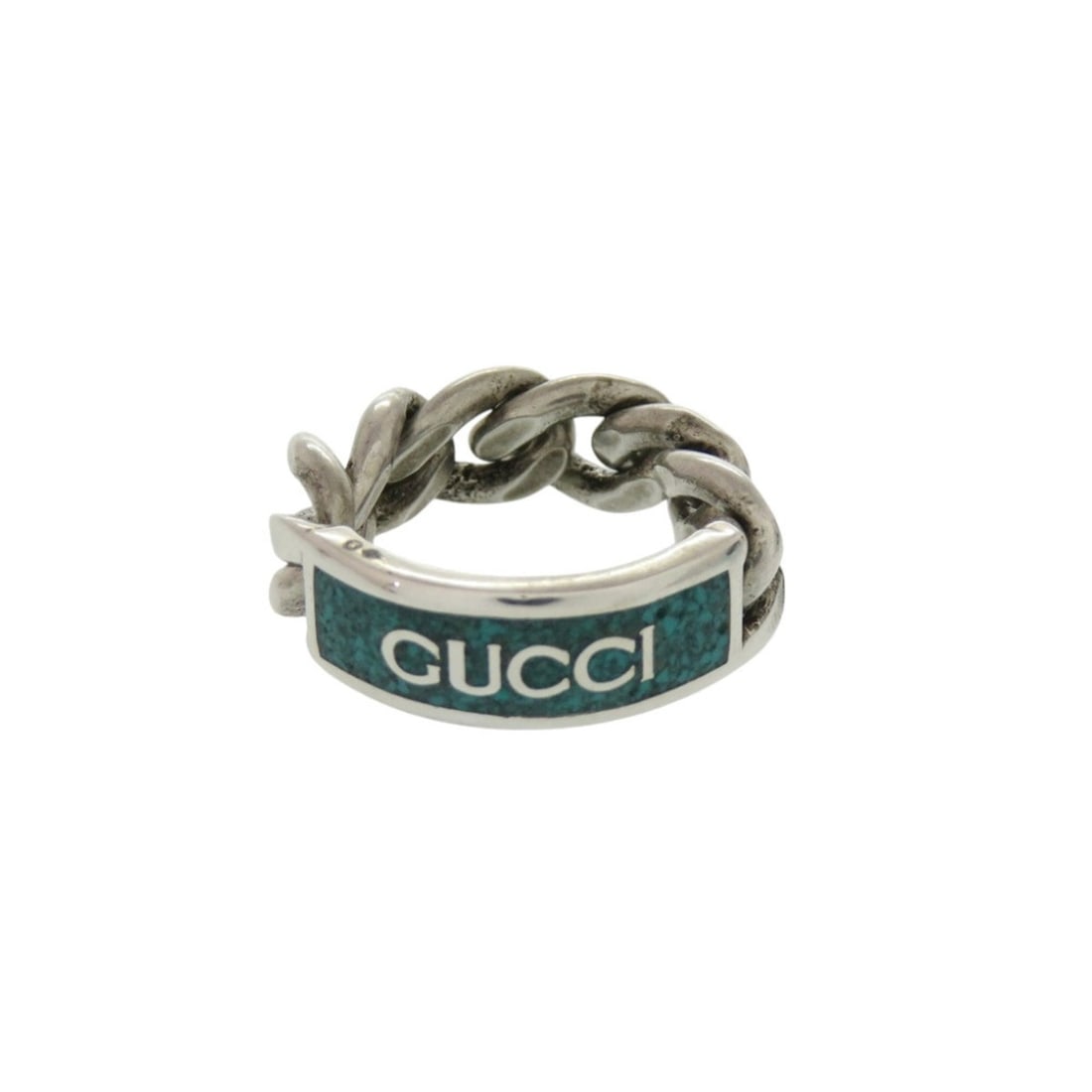 Gucci Chain Ring Logo Plate Sterling Silver 925 1 Green 0355GUCCI: --- Catalog ---Category: SizeJP Size: 12US Size: 6.5Category: DesignType: Band ringColor: Green, SilverGender: WomenMaterial: Silver 925Category: GeneralBrand: GucciCountry of Origin: Italy--- Item Li