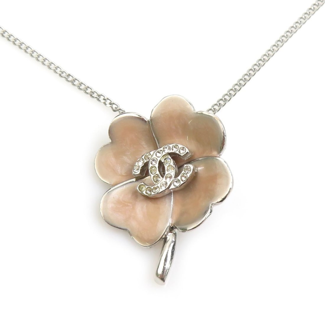 Chanel necklace, Coco Mark clover design, metal, rhinestones, silver, pink beige, women's, e62117a